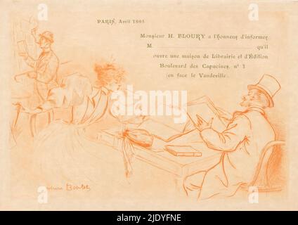 Ankündigung der Gründung von Henry Flourys Buchhandlung und Verlag in Paris, ein Mann mit einem Hut und eine Frau mit einem Regenschirm blicken auf Bücher, die hinter einem Tisch sitzen. Hinter ihnen nimmt ein rauchender Mann mit einem Stock unter dem Arm ein Buch aus einem Schrank., Druckerei: Henri Boutet, (auf Objekt erwähnt), in oder vor April-1895, Papier, Trockenpunkt, Buchdruck, Höhe 140 mm × Breite 200 mm Stockfoto