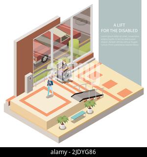 Person im Rollstuhl mit Aufzug für Behinderte in der Lobby des Hauses 3D isometrische Vektor-Illustration Stock Vektor