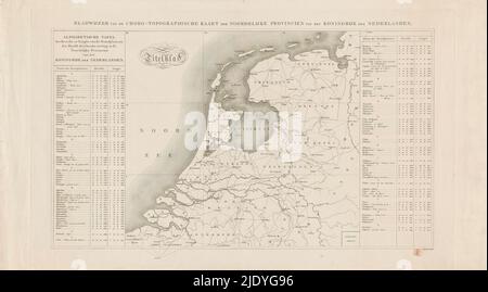 Karte der nördlichen Provinzen des Königreichs der Niederlande, Lesezeichen der choro-topographischen Karte der nördlichen Provinzen des Königreichs der Niederlande (Titel auf Objekt), Karte der nördlichen Provinzen des Königreichs der Niederlande. Die Haupttriangulation, die Baron Krayenhoff verwendet, wird eingezeichnet. Links und rechts von der Karte eine alphabetische Tabelle mit den für die Triangulation verwendeten Positionen und ihren Koordinaten. Lesezeichen der sogenannten Krayenhoff-Karte. Die Karte ist mit einem Suchraster versehen., Druckerei: Anonym, nach Entwurf: Cornelis Rudolphus Theodorus Krayenhoff, publi Stockfoto