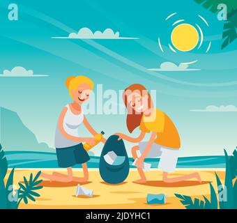 Beach Cleanup flache Zusammensetzung mit Freiwilligen sammeln gespülte Abfallflaschen Trinkbecher Kunststoff Junk-Vektor-Illustration Stock Vektor