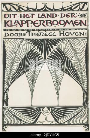 Banddesign für: Thérèse Hoven, from the Land of clapboard trees, 1897, Design mit abstrahierten Zweigen von Clapboard-Bäumen, die sich in einem Rahmen übereinander ausfächeln., Hersteller: Anonym, nach Zeichnung von: Willem Wenckebach, (auf Objekt erwähnt), in oder vor 1897, Papier, Druckblock, Pinsel, Höhe 186 mm × Breite 127 mm Stockfoto