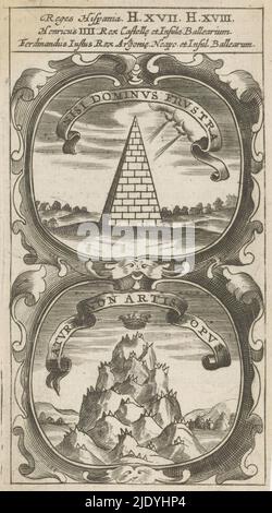 Steinpyramide / Krone schwebt über einem Berg, Nisi Dominus Frustra / Naturae Artid Opus (Titel auf Objekt), Symbola Divina et Humana Pontificum Imperatorum Regum (Serientitel), ein Emblem mit zwei Darstellungen. Über einer Landschaft mit einer Steinpyramide. Der Wind weht gegen die Struktur. Unten schwebt eine Krone über einem mit Stacheln gesäumten Berg. Dies sind Mottos von König Heinrich IV. Von Kastilien und Ferdinand II. Von Aragon., Druckerei: Anonym, nach Druck von: Aegidius Sadeler (II), 1666, Papier, Gravur, Buchdruck, Höhe 122 mm × Breite 68 mm Stockfoto