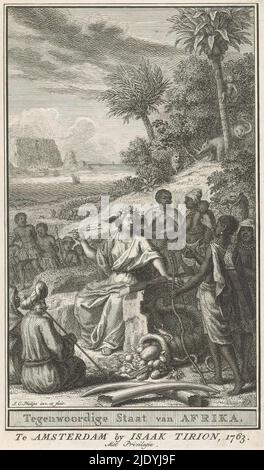 Allegory of Africa, Present State of Africa (Titel auf Objekt), Titelseite zu: Thomas Salmon, Hedendaagsche Geschichte oder Present State of Africa, 1763, Eine Frau mit Flügeln am Kopf (möglicherweise Geschichte) sitzt mit Federkiel und Buch. Rechts ist eine Gruppe von Afrikanern, darunter einer mit einem Bogen und einem Köcher von Pfeilen auf dem Rücken. In ihrer Nähe befindet sich ein Horn von Überfluss und Stoßzähne von Elefanten. Auf der linken Seite ist eine verschleierte Frau und ein Pfeifenraucher. Hinter ihnen laufen Europäer mit angeketteten Afrikanern. Im Hintergrund eine afrikanische Landschaft mit Küstengebiet und Dschungel mit Tieren., Druckerei: Jan Caspar Philips, (mentio Stockfoto