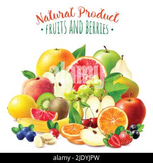 Realistische Komposition mit verschiedenen natürlichen reifen Früchten und Beeren auf weißem Hintergrund Vektorgrafik Stock Vektor