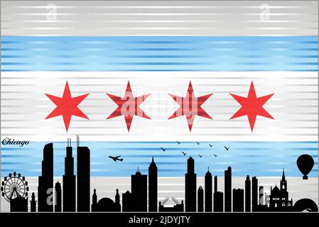 Skyline von Chicago mit Flagge von Chicago im Hintergrund - Illustration, glänzende Grunge-Flagge von Chicago Stock Vektor