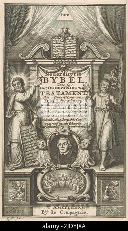 Moses, Christus und Porträt Martin Luther, Nederduytse bybel, das heißt: Das Alte und Neue Testament (Titel auf Objekt), Titelseite für: Maarten Luther und Adolf Visscher, Biblia, dat is: De hele H. Schrift, Behelzende all de Boeken des Ouden en Nieuwen Testaments, 1780, in der Mitte ein Porträt von Maarten Luther mit über dem Buchtitel. Moses und Johannes der Täufer stehen auf beiden Seiten. Unten drei biblische Szenen: Moses, der die steinernen Tafeln empfing, das letzte Abendmahl und die Taufe Christi durch Johannes den Täufer. Über dem Titel das Lamm Gottes mit einer offenen Bibel., Druckerei: Unbekannt, (ment Stockfoto