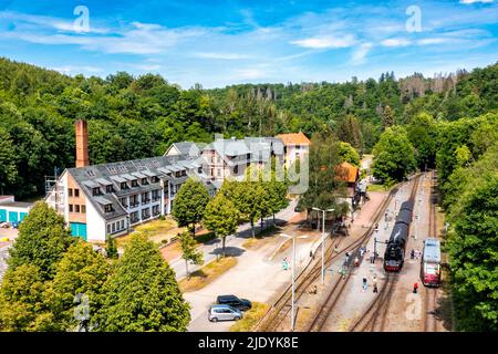 Bahnhof Alexisbad im Selketal mit Harzer Schmalspurbahn Stockfoto