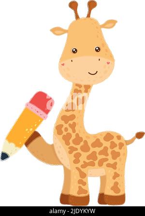Cute Giraffe Clipart isoliert auf weißem Hintergrund. Lustige Clip Art Girafe mit Bleistift. Vektor-Illustration eines Schultieres für Aufkleber, Baby Stock Vektor