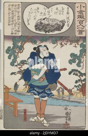 Ogura Imitation of the One Hundred Poems (Serientitel), Ichiemon betrachtet einen Bienenstock in einer Kiefer. Szene aus einem Kabuki-Stück. Gedicht von Kôka Monin no Bettô., Druckerei: Utagawa Kuniyoshi, (erwähnt auf Objekt), Verleger: Ibaya Senzaburô, (erwähnt auf Objekt), Japan, 1846, Papier, Farbholzschnitt Stockfoto