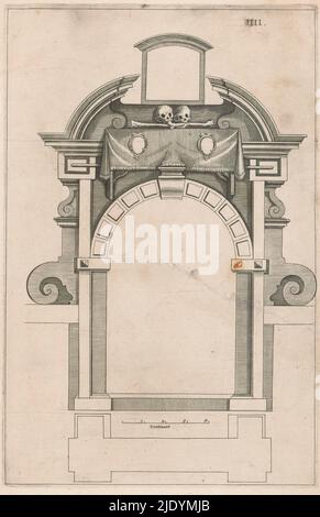 Tor zum Friedhof in der Nähe der Zuiderkerk, Architectura moderne ofte Bouwinge van onsen tyt (Serientitel), Vorderansicht und Plan. Platte IIII., Druckerei: Anonym, nach Gestaltung von: Hendrick de Keyser (I), Verlag: Cornelis Danckerts (I), Amsterdam, 1631, Papier, Gravur, Höhe 296 mm × Breite 192 mm Stockfoto