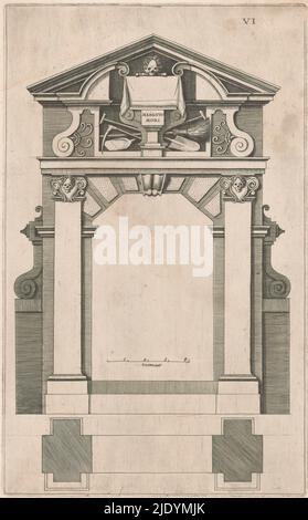 Tor zum Friedhof in der Nähe der Zuiderkerk, Architectura moderne ofte Bouwinge van onsen tyt (Serientitel), Vorderansicht und Plan. Tafel VI., Druckerei: Anonym, nach Entwurf: Hendrick de Keyser (I), Verlag: Cornelis Danckerts (I), Amsterdam, 1631, Papier, Gravur, Höhe 320 mm × Breite 198 mm Stockfoto