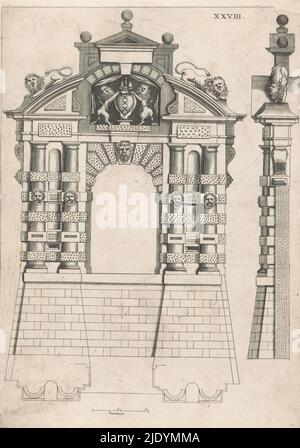 Haarlemmerpoort, Architectura moderna ofte Bouwinge van onsen tyt (Serientitel), Vorder- und Seitenansichten und Grundrisse. Platte XXVIII., Druckerei: Anonym, nach Entwurf: Hendrick de Keyser (I), Verlag: Cornelis Danckerts (I), Amsterdam, 1631, Papier, Gravur, Höhe 328 mm, Breite 231 mm Stockfoto