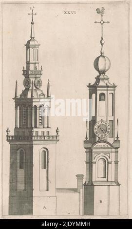 Zwei Pinnacles, Architectura moderna ofte Bouwinge van onsen tyt (Serientitel), Pinnacles des Jan Roodenpoortstoren und des Munttoren (ehemals Teil des Regulierspoort). Platte XXVI., Druckerei: Anonym, nach Entwurf von: Hendrick de Keyser (I), Verlag: Cornelis Danckerts (I), Amsterdam, 1631, Papier, Gravur, Höhe 335 mm × Breite 198 mm Stockfoto