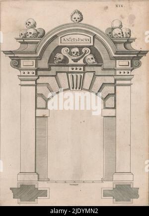 Friedhofstor bei Westerkerk, Architectura moderne ofte Bouwinge van onsen tyt (Serientitel), Vorderansicht und Plan von innen. Mit Jahr auf Tablet: Ano.CIϽ IϽ.CXX. Plate XIX., Druckerei: Anonym, nach Entwurf: Hendrick de Keyser (I), Verlag: Cornelis Danckerts (I), Amsterdam, 1631, Papier, Gravur, Höhe 312 mm × Breite 228 mm Stockfoto