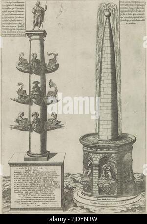 Columna rostrata und Meta sudans, Speculum Romanae Magnificentiae (Serientitel), links: Die Columna rostrata, eine Ehrensäule mit Verzierungen in Form von Requisiten besiegter karthagischer Schiffe, die zu Ehren von Gaius Duilius auf dem Forum Romanum errichtet wurde. Rechts: Die Meta Sudans, ein monumentaler Brunnen, der auf dem Platz südwestlich des Kolosseums stand. Kartuschen oben links und rechts mit Text. Der Druck ist Teil eines Albums., Druckerei: Anonym, Verlag: Antonio Lafreri, (auf Objekt erwähnt), Druckerei: Italien, Verlag: Rome, 1575, Papier, Gravur, Höhe 451 mm × Breite 306 mm Stockfoto