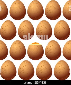 Hühnereier braun mit Flecken, symmetrisch angeordnet. Ein Ei wird darauf geschält. Nahtloses Muster auf transparentem Hintergrund Stock Vektor