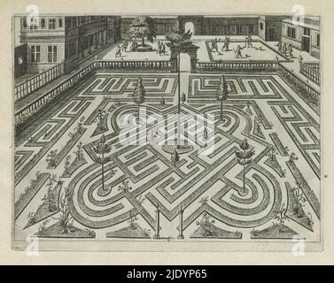 Garten mit geometrischem Parterre und Knauf, Gärten (8-seitige Serie) (Serientitel), Garten mit einem Parterre, der aus niedrigen Blumenbeeten in einem geometrischen Muster gebildet wird, bestehend aus einem Diamanten mit halbrunden Vorsprüngen an den geraden Seiten. Im Hintergrund ist ein Quadrat mit Menschen, die Cob spielen. Der Druck ist Teil eines Albums., Druckerei: Anonym, Druckerei: Michael Birbaum, nach Druck von: Hans Vredeman de Vries, Köln, 1615, Papier, Radierung, Höhe 189 mm × Breite 246 mm Stockfoto