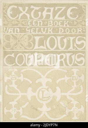 Banddesign für: Louis Couperus, Extaze: A Book of Happiness, 1894, Dekorative Schriftzüge mit floralen Motiven. Unten vier Kreise, die unter anderem die Monogramme von Louis Couperus und Richard Roland Holst enthalten., Druckerei: Richard Nicolaüs Roland Holst, (auf Objekt erwähnt), in oder vor 1894, Papier, Höhe 210 mm × Breite 157 mm Stockfoto