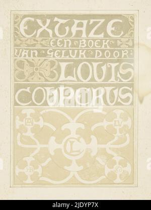 Banddesign für: Louis Couperus, Extaze: A Book of Happiness, 1894, Dekorative Schriftzüge mit floralen Motiven. Unten vier Kreise, die unter anderem die Monogramme von Louis Couperus und Richard Roland Holst enthalten., Druckerei: Richard Nicolaüs Roland Holst, (auf Objekt erwähnt), in oder vor 1894, Papier, Höhe 320 mm × Breite 217 mm Stockfoto