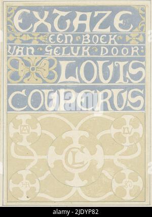 Banddesign für: Louis Couperus, Extaze: A Book of Happiness, 1894, Dekorative Schriftzüge mit floralen Motiven. Unten vier Kreise, die unter anderem die Monogramme von Louis Couperus und Richard Roland Holst enthalten., Druckerei: Richard Nicolaüs Roland Holst, (auf Objekt erwähnt), in oder vor 1894, Papier, Höhe 212 mm × Breite 217 mm Stockfoto