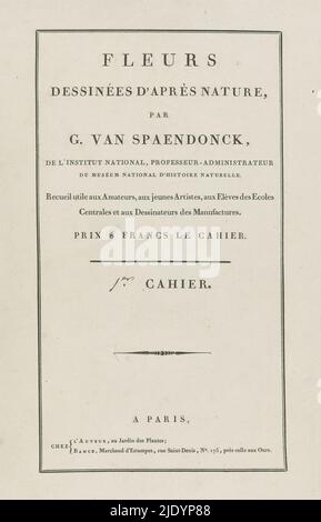 Fleurs dessinées d'après Natur (...) Ier Cahier (Serientitel auf Objekt), Cover für eine Serie von vier Drucken von Blumen., Druckerei: Anonym, Verlag: Gerard van Spaendonck, (auf Objekt erwähnt), Verlag: Jacques-Louis Bance, (auf Objekt erwähnt), Paris, 1799 - 1801, Papier, Buchdruck, Höhe 527 mm × Breite 350 mm Stockfoto