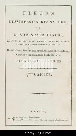 Fleurs dessinées d'après Natur (...) 4ME Cahier (Serientitel auf Objekt), Cover für eine Serie von vier Blumendrucken., Druckerei: Anonym, Verlag: Gerard van Spaendonck, (auf Objekt erwähnt), Verlag: Jacques-Louis Bance, (auf Objekt erwähnt), Paris, 1799 - 1801, Papier, Buchdruck, Höhe 525 mm × Breite 343 mm Stockfoto