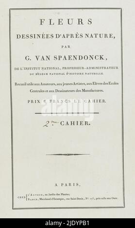 Fleurs dessinées d'après Natur (...) 2ME Cahier (Serientitel auf Objekt), Cover für eine Serie von vier Blumendrucken., Druckerei: Anonym, Verlag: Gerard van Spaendonck, (auf Objekt erwähnt), Verlag: Jacques-Louis Bance, (auf Objekt erwähnt), Paris, 1799 - 1801, Papier, Buchdruck, Höhe 521 mm × Breite 359 mm Stockfoto