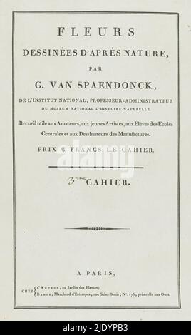 Fleurs dessinées d'après Natur (...) 3ME Cahier (Serientitel auf Objekt), Cover für eine Serie von vier Blumendrucken., Druckerei: Anonym, Verlag: Gerard van Spaendonck, (auf Objekt erwähnt), Verlag: Jacques-Louis Bance, (auf Objekt erwähnt), Paris, 1799 - 1801, Papier, Buchdruck, Höhe 525 mm × Breite 346 mm Stockfoto