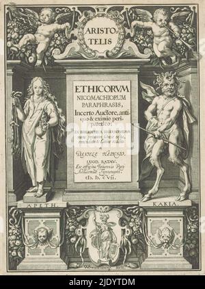 Tugend und Malice, Titelseite zu: Daniel Heinsius, Aristotelis Ethicorum Nicomachiorum paraphrasis, 1607, auf einem Sockel, links die Tugend, die in der einen Hand ein Pferdehalz für Temperament und in der anderen einen Krug hält. Rechts steht Evil, ein Satyr mit Schlangen als Haar. Unten in der Mitte eine Kartusche mit Minerva. Links und rechts über zwei Trompetenputti., Druckerei: Willem Isaacsz. Van Swanenburg, (auf Objekt erwähnt), Verleger: Erven Jan Paets Jacobszoon, (auf Objekt erwähnt), Leiden, 1607, Papier, Gravur, Höhe 185 mm × Breite 137 mm Stockfoto