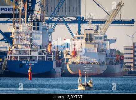 Rostock, Deutschland. 24.. Juni 2022. Die Frachtschiffe 'BBC Rushmore' (l) und 'Azteca' (r) werden am Seehafen entladen. Experten treffen sich in Rostock zum Hafenentwicklungsdialog 10. mit dem Koordinator für maritime Wirtschaft und Tourismus. Quelle: Jens Büttner/dpa/Alamy Live News Stockfoto