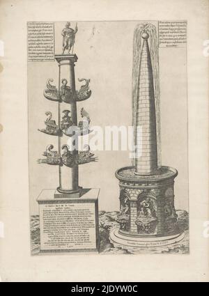 Columna rostrata und Meta sudans, Speculum Romanae Magnificentiae (Serientitel), links: Die Columna rostrata, eine Ehrensäule mit Verzierungen in Form von Prow besiegter karthagischer Schiffe, die zu Ehren von Gaius Duilius auf dem Forum Romanum errichtet wurde. Rechts: Die Meta Sudans, ein monumentaler Brunnen, der auf dem Platz südwestlich des Kolosseums stand. Kartuschen oben links und rechts mit Text., Druckerei: Anonym, Verlag: Antonio Lafreri, (auf Objekt erwähnt), Druckerei: Italien, Verlag: Rome, 1575, Papier, Gravur, Höhe 451 mm × Breite 306 mm Stockfoto