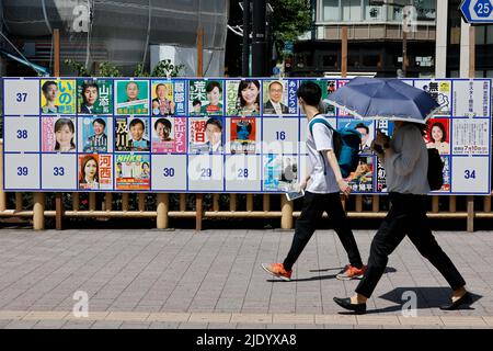 Tokio, Japan. 24.. Juni 2022. Fußgänger schauen sich die Plakate der Kandidaten für die bevorstehenden Oberhauswahlen an, die vor dem Bahnhof Takadanobaba in Tokio ausgestellt sind. Die Oberhauswahlen finden am 10. Juli statt. (Bild: © Rodrigo Reyes Marin/ZUMA Press Wire) Stockfoto