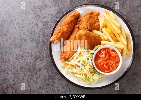 Hausgemachtes, gebratenes Huhn mit Pommes Frites, Kohlsalat und würziger Sauce in der Nähe auf dem Teller auf dem Tisch. Horizontale Draufsicht von oben Stockfoto