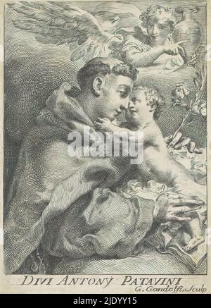 Der heilige Antonius von Padua, Divi Antony Patavini (Titel auf Objekt), der heilige Antonius von Padua mit dem Christkind auf dem Arm und einer Lilie in der linken Hand. Ein Engel mit Urne über dem Kopf., Druckerei: Gaetano Gandolfi, (auf Objekt erwähnt), Italien, 1744 - 1802, Papier, Radierung, Gravur, Höhe 112 mm × Breite 78 mm Stockfoto