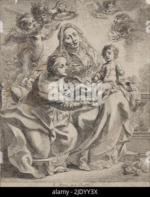 Anna in Three, S. Anna, avia Christi (Titel auf Objekt), Maria mit Kind und Heilige Anna. Die heilige Anna sitzt mit dem Jesuskind auf ihrem Schoß; neben ihr ist Maria, die die Füße des Kindes hält. Engel über ihnen. Früchte liegen auf dem Boden., Druckerei: Remoldus Eynhoudts, nach Malerei von: Cornelis Schut (I), Antwerpen, 1626 - 1680, Papier, Radierung, Höhe 273 mm × Breite 223 mm Stockfoto