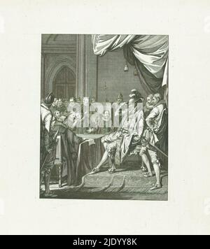 Alva fordert den zehnten Penning, 1569, Vardering v.d. Tienden Penning / IV. Lied (Titel auf Objekt), Szenen aus dem Leben von Prinz Wilhelm I., 1568-1584 (Serientitel), Kunsttafeln zum heroischen Gedicht Willem den Eersten, in vier en twintig zangen door den Nederlandschen dichter J. Nomsz. (Serientitel auf Objekt), der Herzog von Alva fordert die zehnte Penning in einem Treffen der Staaten, 1569. Vierter Song., Druckerei: Theodoor Koning, nach Gestaltung von: Jacobus Buys, nach Zeichnung von: Jacobus Buys, Druckerei: Nordniederland, Verlag: Amsterdam, Verlag: Amsterdam, Verlag: Amste Stockfoto
