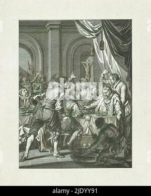Death of Requesens, 1576, Death of Requesens / XVI. Lied (Titel auf Objekt), Szenen aus dem Leben von Prinz William I., 1568-1584 (Serientitel), Kunsttafeln aus dem Epos Willem den Eersten, in vier en twintig zangen door den Nederlandschen dichter J. Nomsz. (Serientitel auf Objekt), Death of Requesens. Der Gouverneur Requesens stirbt am Tisch während eines Banketts am 5. März 1576. Sechzehntes Lied., Druckerei: Theodoor Koning, nach Gestaltung von: Jacobus Buys, nach Zeichnung von: Jacobus Buys, Druckerei: Nord-Niederlande, Verlag: Amsterdam, Verlag: Amsterdam, Verlag: Amsterdam, 1782 Stockfoto
