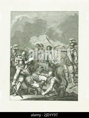 Death of Charles de Boisot, 1575, Death of Boisot / XVII. Song (Titel auf Objekt), Szenen aus dem Leben von Prinz William I., 1568-1584 (Serientitel), Kunsttafeln aus dem Epos Willem den Eersten, in vier en twintig zangen von den Nederlandschen dichter J. Nomsz. (Serientitel auf Objekt), Tod von Charles de Boisot auf dem Schlachtfeld während eines Kampfes mit Mondragon, 29. September 1575. Siebzehnte Lied., Druckerei: Theodoor Koning, nach Gestaltung von: Jacobus Buys, nach Zeichnung von: Jacobus Buys, Druckerei: Nord-Niederlande, Verlag: Amsterdam, Verlag: Amsterdam, Verlag: Amster Stockfoto
