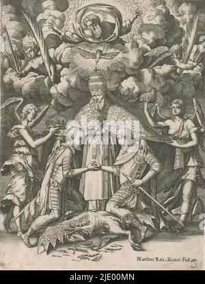 Papst Pius V. spielt auf Philipp II., König von Spanien, Papst Pius V. auf Philipp II., König von Spanien an. Er steht in der Mitte; über seinem Haupt steht Gott der Vater in einer Wolke, der Heilige Geist wie eine Taube und einige Engel mit Palmzweigen. Vor ihm stehen Philipp II. Und der doge von Venedig in kniender Position. Hinter Philipp II. Ein Engel mit seiner Krone; rechts ein Engel mit dogenhut in der Hand. Unter ihren Füßen ist ein gefällter Drache. Stockfoto