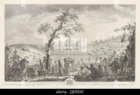 Grande Chasse donnée au Baerensee près de Stuttgard, 1782 / Jagdfest in Baerensee bei Stuttgart im Oktober 1782 jagten große Rehe und Wildschweine in Baerensee bei Stuttgart im Beisein des Großherzogs von Russland (?) im Oktober 1782. In der Mitte laufen Hirsche durch das Wasser. Zuschauer im Vordergrund., Druckerei: Nicolaus Heideloff, nach Malerei von: Victor Wilhelm Peter Heideloff, Ludwig Fürst von Nassau zu Saarbrücken, nach 1782, Papier, Radierung, Höhe 477 mm × Breite 754 mm Stockfoto
