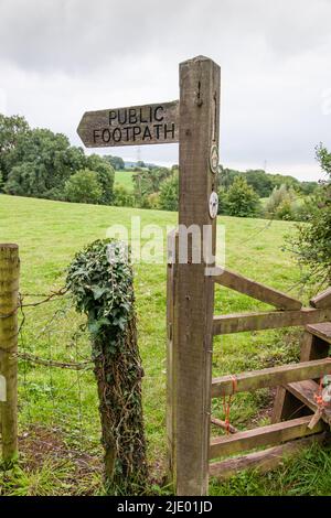 Öffentliches Wanderwegschild, das auf ein Feld zeigt, in Runnington Village, Somerset. Stockfoto