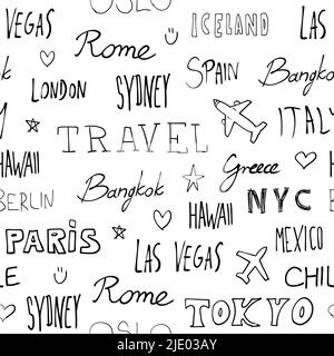 Reisehintergrund. Städtenamen und Reiseziele. Word Text Doodle nahtloses Muster. Stock Vektor