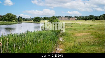 Am 18. Juni 2022 weiden Schafe entlang des Flusses vor der Nordfront der Kedleston Hall, Derbyshire, Großbritannien Stockfoto