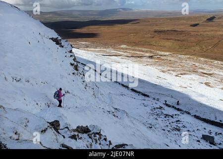 Walker absteigend Pen-y-ghent Seite von Plover Hill im Winter, Yorkshire Dales, Großbritannien Stockfoto