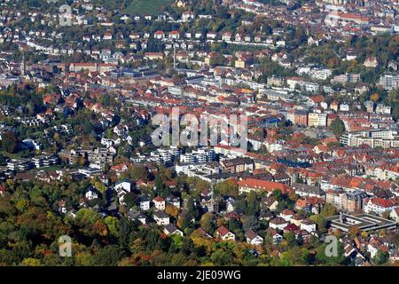 Blick im Herbst vom Stuttgarter Fernsehturm Heslach, Marienplatz, Dinkelacker Brauerei, Karlshöhe, Landeshauptstadt Stuttgart Stockfoto