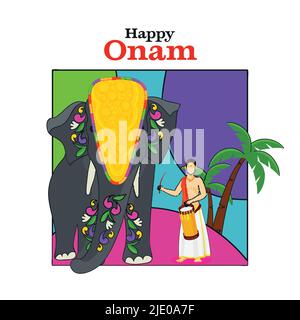 Happy Onam Poster Design Mit Faceless South India Drummer, Elephant Animal, Palm Tree Auf Abstraktem Hintergrund. Stock Vektor