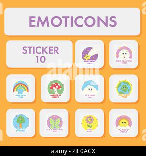 Flacher Stil Bunte Emoticons Sticker Set Auf Orange Und Grau Hintergrund. Stock Vektor