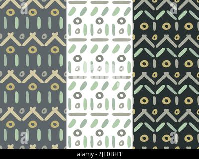 Ethnisches ornamentales Gitter, nahtlose Muster, Set mit 3. Handgezeichnete Doodle organische Formen. Olivgrüne Erdtöne Farben. Geometrische Gitteroberflächenebene Stock Vektor