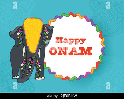 Happy Onam Schrift Über Weißem Kreisförmigen Rahmen Mit Elefant Tier Auf Blau Paisley Muster Hintergrund. Stock Vektor