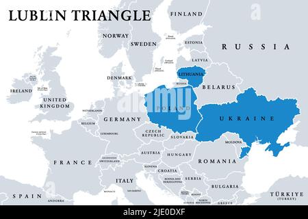 Lubliner Dreieck, politische Landkarte. Die europäischen Länder verbünden sich aus Litauen, Polen und der Ukraine, um die Zusammenarbeit zu stärken und die Ukraine zu unterstützen. Stockfoto